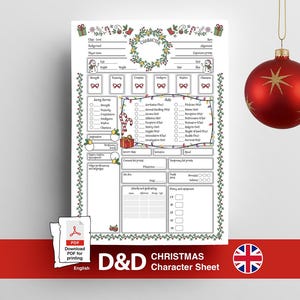 Könnte beinhalten: Ein weißes D&D-Weihnachtscharakterblatt mit festlichen Dekorationen, darunter ein Kranz, Zuckerstangen und Lichterketten. Das Blatt enthält Abschnitte für Charakterdetails und eine PDF-Download-Option.