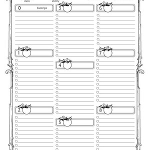May include: A black and white printable character sheet for a role-playing game. The sheet has sections for spellcasting class, spellcasting ability, spell save DC, and spell attack bonus. The sheet is decorated with skulls and vines.