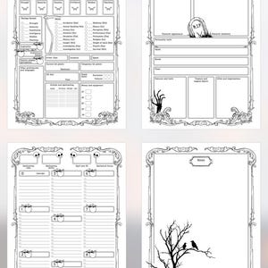 May include: A printable character sheet for a tabletop role-playing game with a Halloween theme. The sheet features a pumpkin with a skull face, a tombstone with the inscription "RIP", and a bare tree with crows.