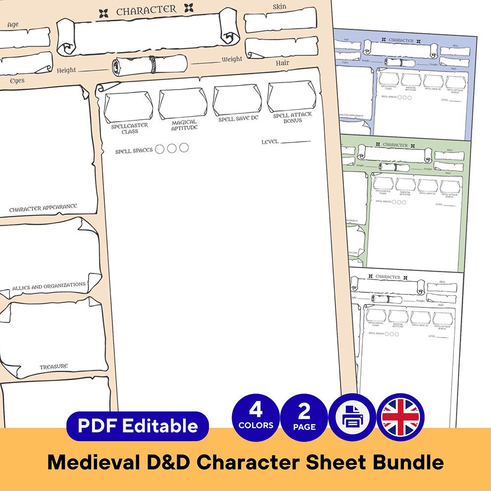 Dnd 5e Medieval Character Sheet Bundle: Editable, Fillable PDF ...