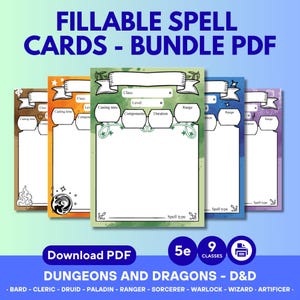May include: A bundle of fillable spell cards for Dungeons and Dragons, with a variety of colorful borders. The cards include fields for class, casting time, components, duration, range, and spell type. The text "Download PDF" is also visible.