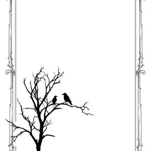 May include: A black and white illustration of a bare tree with two birds perched on branches. The image is framed with an ornate border and the word "Notes" is written in a banner at the top.