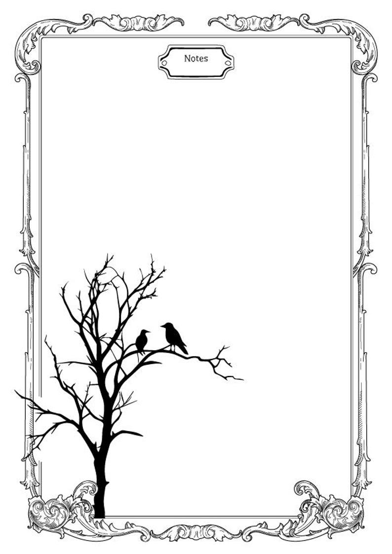 May include: A black and white illustration of a bare tree with two birds perched on branches. The image is framed with an ornate border and the word "Notes" is written in a banner at the top.
