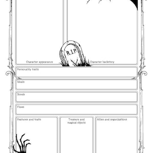 May include: A black and white character sheet template with a spooky theme. The sheet includes sections for character appearance, personality traits, ideals, bonds, flaws, features and traits, treasure and magical objects, allies and organizations, and character backstory. The sheet is decorated with a spooky tree and a tombstone that reads "R.I.P."