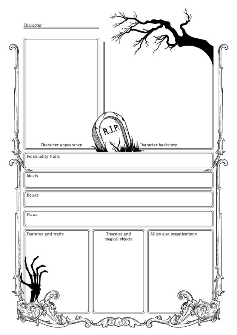 May include: A black and white character sheet template with a spooky theme. The sheet includes sections for character appearance, personality traits, ideals, bonds, flaws, features and traits, treasure and magical objects, allies and organizations, and character backstory. The sheet is decorated with a spooky tree and a tombstone that reads "R.I.P."