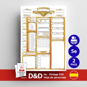 Hoja de personaje DnD 5e NARANJA en ESPAÑOL | DnD Imprimible | 2 páginas | Descarga digital en PDF | Dragones y Mazmorras