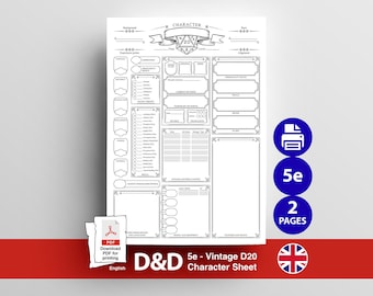 DnD 5e Character Sheet with 20 sided die | DnD Printable | 2 Pages | PDF Digital Download | Dungeons and Dragons | Simple character sheet