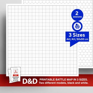 Druckbare Schlachtfeldkarten für Dungeons & Dragons und Pen-&-Paper-Rollenspiele in 3 Größen: 50x50 cm (quadratisch), A4 und A3 | Zwei verschiedene Modelle in Schwarz-Weiß | 1-Zoll-Raster