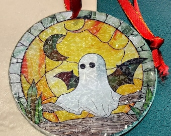 ハロウィンゴーストサンキャッチャー、プレミアムウォーターリップルガラス、コウモリの羽を持つハロウィンゴーストサンキャッチャー、ハロウィンツリーファミリーオーナメント