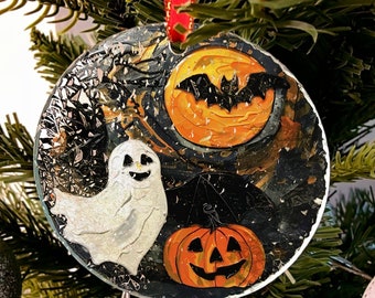 ハロウィンゴーストサンキャッチャー、プレミアムウォーターリップルガラス、ハロウィンオーナメント、ハロウィンツリーファミリーオーナメント、手作りハロウィンデコレーション