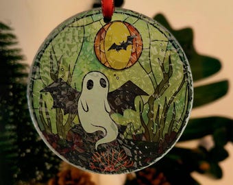ハロウィン コウモリの羽を持つゴーストサンキャッチャー、ハロウィンオーナメント、ハロウィンツリーファミリーオーナメント、手作りハロウィンデコレーション、手作りオーナメント