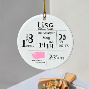 Personalized Birth Stat Ornament , Custom Baby Name Keepsake with Date, Time, Weight & Location, Baby’s First Christmas Gift for New Parents