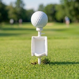 May include: A white golf ball resting on a white plastic golf tee shaped like a wall-mounted urinal. The tee features a small horizontal peg on the side and a vertical base that is inserted into the green grass of a golf course fairway.