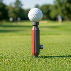 May include: A golf ball sits atop a red and gray golf ball marker on a green golf course. The marker has a cylindrical shape with a small, horizontal extension. The background is blurred, showing more green grass and trees.