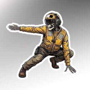 May include: A sticker illustration of a skeleton wearing a yellow flight deck vest, a matching helmet with goggles, and brown tactical pants. The skeleton is in a crouched position with one arm extended outward and the other hand touching the ground.
