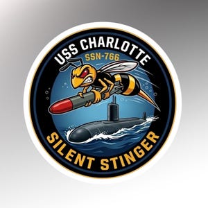 May include: A circular sticker featuring a cartoon illustration of a yellow and black hornet carrying a red and gray torpedo, with a submarine in the water below. The text "USS CHARLOTTE SSN-766" and "SILENT STINGER" are displayed around the image.