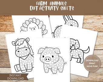 Farm Animals Dot Marker Sheets, Dab It, Do a Dot, Animal Coloring Pages, Preschool Kids Craft