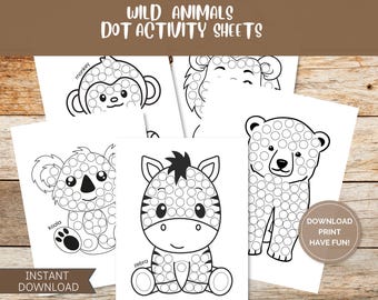 Pode incluir: Cinco folhas de atividades de ponto a ponto imprimíveis em preto e branco com um macaco, um coala, uma zebra, um urso polar e um urso pardo. As folhas são intituladas "Folhas de atividades de ponto a ponto de animais selvagens".