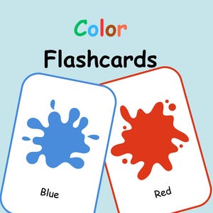 Puede incluir: Dos tarjetas de colores sobre un fondo azul claro. Una tarjeta tiene una salpicadura de pintura azul y la palabra "Azul". La otra tarjeta tiene una salpicadura de pintura roja y la palabra "Rojo". Las palabras "Color Flashcards" están en la parte superior.