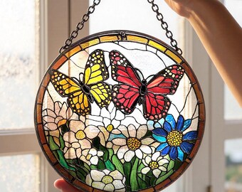 花に囲まれたオオカバマダラ ヴィンテージ ステンドグラス 花と蝶々 蝶と花のステンドグラスアート – 蝶好きのための、自然からインスピ