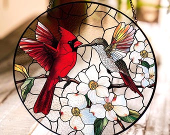 Acchiappasole In Vetro Colorato Con Cardinali | Da Appendere Alla Finestra | Regalo Per Mamma | Decorazione Colorata Per Casa