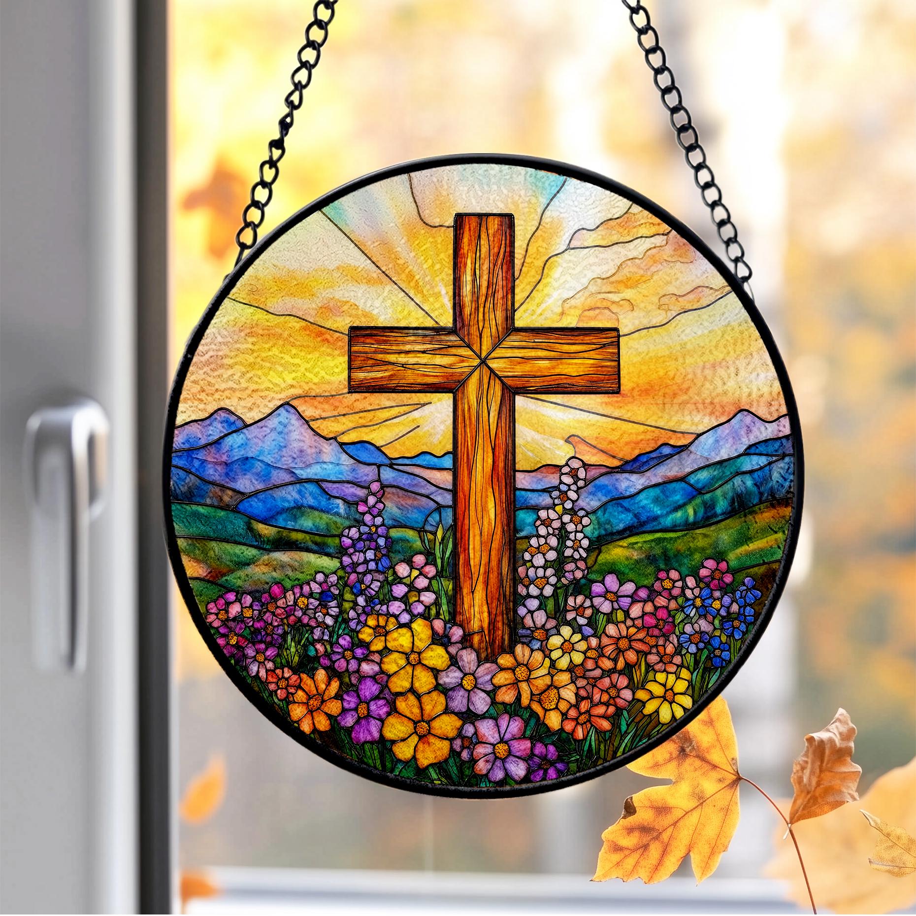 Stained Glass Cross Wildflower Suncatcher, Christian Glass Window Hanging, Religious Cross Suncatcher, Easter Suncatcher Decor,Easter Gifts