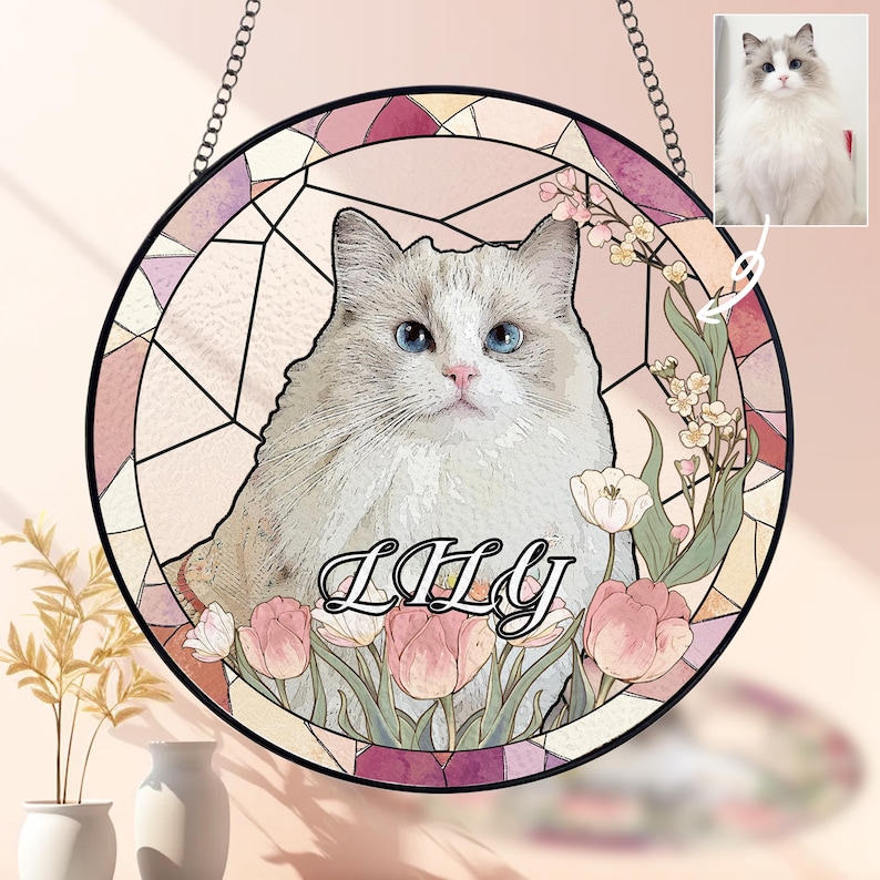 Custom Pet Portrait Stained Glass Suncatcher, Dog Memorial Gift, Pet Loss Sympathy Keepsake, Personalized Cat Remembrance Window Hanging image 3