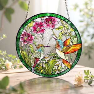 Hummingbird and Flower Stained Glass Suncatcher Window Hangings, Birds Interior Decoration, Beautiful Gift for Women and Bird Enthusiasts
