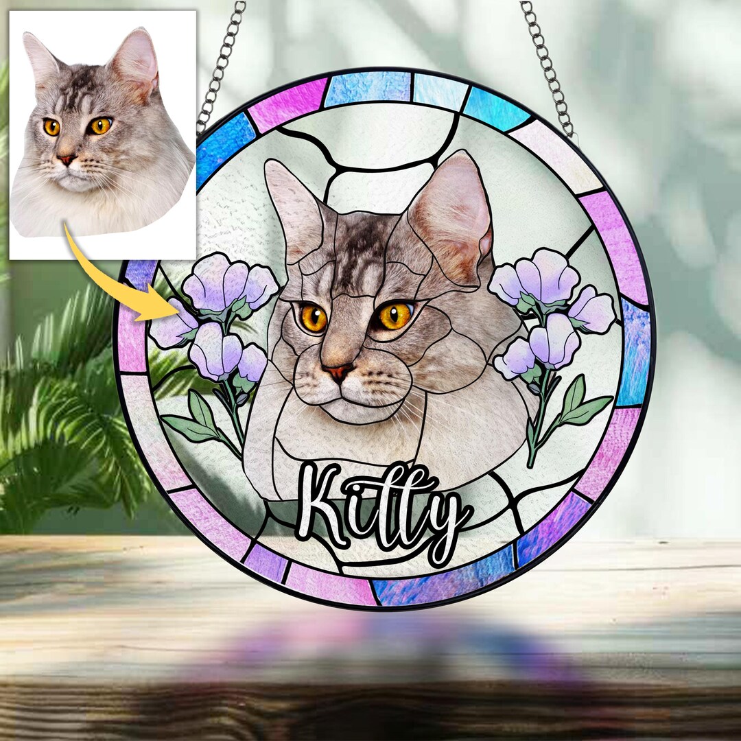 Custom Cat Portrait Stained Glass Suncatcher, Pet Memorial Stained ...