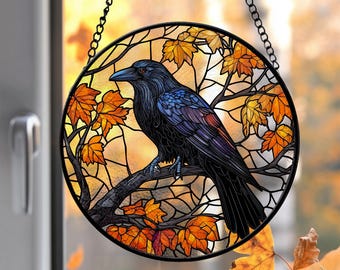 Black Crow Portrait Glass Suncatcher, Crow Dead Leaves Window Hangings, Crow Bird Decor For Living Room, Crow Gifts For Grandma,Gift For Mom