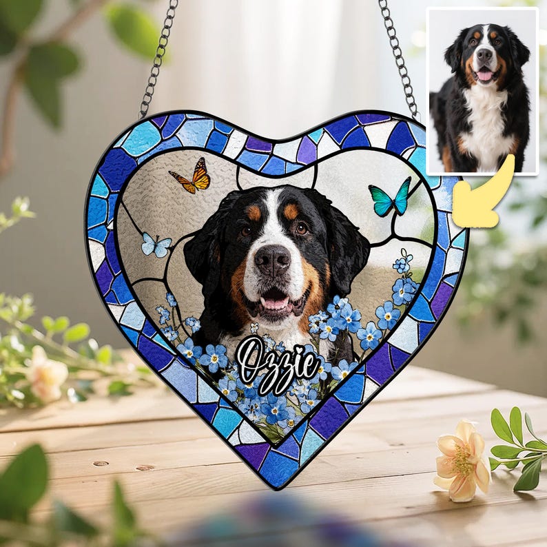 Custom Pet Portrait Stained Glass Suncatcher, Dog Memorial Gift, Pet Loss Sympathy Keepsake, Personalized Cat Remembrance Window Hanging image 2