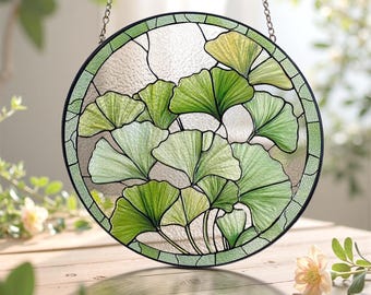 Green Ginkgo Leaf Suncatcher, Spring Window Decor, Stained Glass Plant Mom Gift, Botanical Greenery Art, Mothers Day Gift