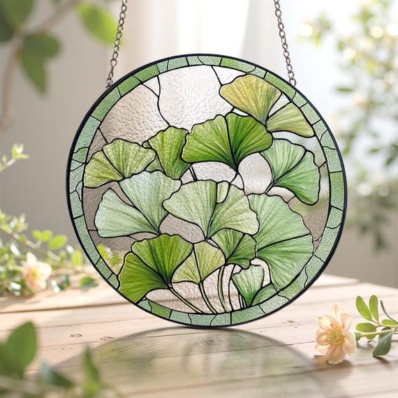 Round Ginkgo Leaf Stained Glass Suncatcher/Ginkgo Window Hanging/Gift for Plant Lovers or Mom/Autumn Garden Boho Nature Inspired Home Decor