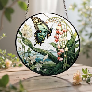 Maiglöckchen Blume Schmetterling Glasfenster hängend, Mai Geburt Monat Blumendekor für Geburtstag für Frauen, Männer, Frau und Mutter Geschenk