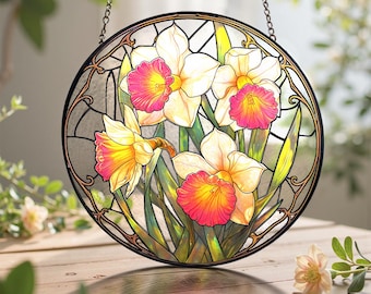 Atrapasueños de vitral con narcisos, colgante de ventana con flores del mes de nacimiento de marzo, decoración de jardín de flores, cumpleaños para mujeres, mamás y esposas.