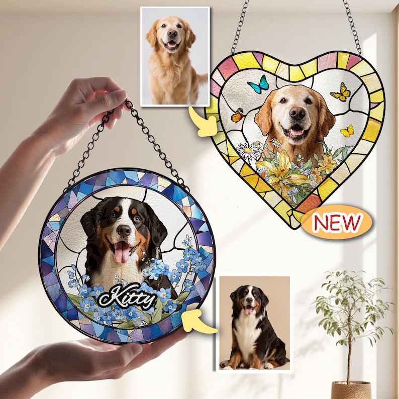 Custom Pet Portrait Stained Glass Suncatcher, Dog Memorial Gift, Pet Loss Sympathy Keepsake, Personalized Cat Remembrance Window Hanging image 9
