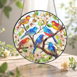 Flock of Birds Stained Glass Suncatcher/Birds on a Branch Nature Decor/Colorful Round Bird Ornament for Nature Decor, Gift for Bird Lovers
