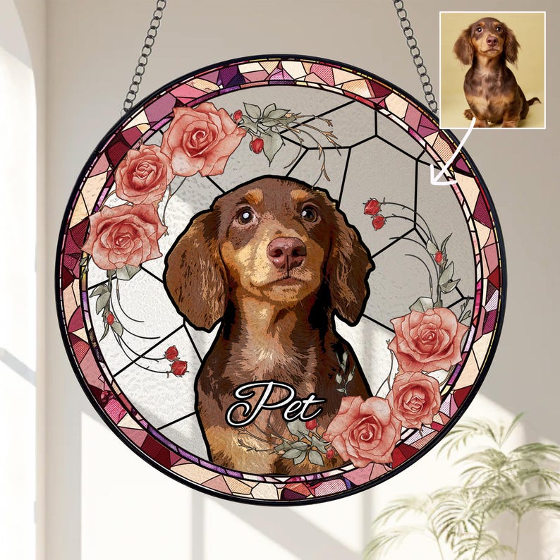 Custom Pet Portrait Stained Glass Suncatcher, Dog Memorial Gift, Pet Loss Sympathy Keepsake, Personalized Cat Remembrance Window Hanging image 10
