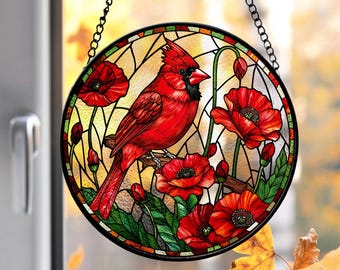 Cardinal Sakura Stained Glass Suncatcher, Lovebirds Window Hangings, Birds Memorial Gift, Gift for Mom, Cardinal Lover Gift, Home Decor Gift