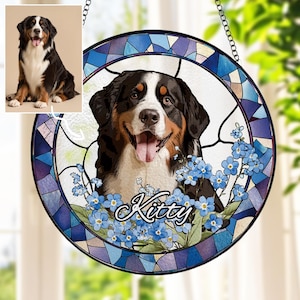 Custom Pet Portrait Stained Glass Suncatcher, Dog Memorial Gift, Pet Loss Sympathy Keepsake, Personalized Cat Remembrance Window Hanging image 1