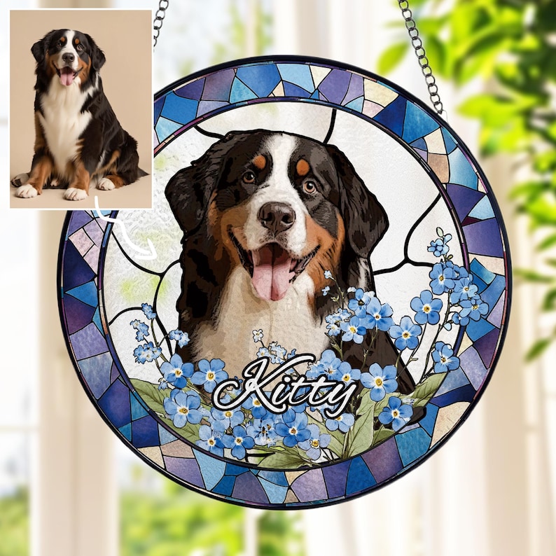 Custom Pet Portrait Stained Glass Suncatcher, Dog Memorial Gift, Pet Loss Sympathy Keepsake, Personalized Cat Remembrance Window Hanging image 1