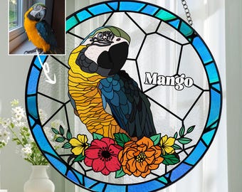 オウムアカコンゴウインコステンドグラスサンキャッチャー 壁飾