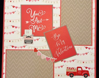 Love Scrapbook Album Page, Premade Scrapbook Layout, Red Pickup Truck, Valentine’s Day, Typewriter, Hearts