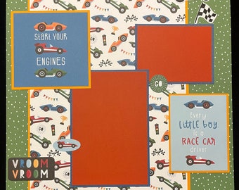 Scrapbook Album Page, Premade Layout, Toddler Boy Page, Baby Boy Scrapbook Album Layout, Race Cars