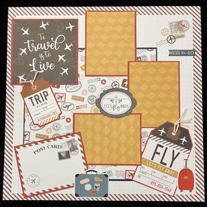 Mise en page d'album de scrapbooking de voyage, Page d'album prédéfinie, Voyage en avion, Mise en page de vacances, Voyage, Avion, Carte postale