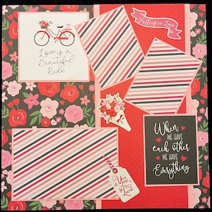 Liebe Scrapbook Album Seite, vorgefertigtes Scrapbook Layout, Herzen und Blumen, Fahrrad, Liebe Layout Seite