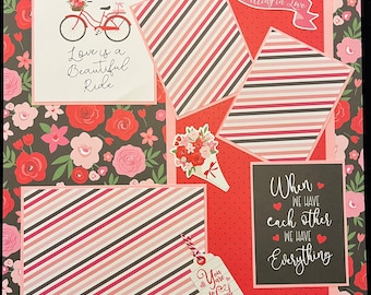 Love Scrapbook Album Page, Premade Scrapbook Layout, Hearts and Flowers, Bicycle, Love Layout Page