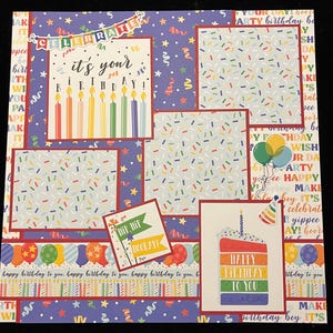 Puede incluir: Un papel de scrapbooking de cumpleaños colorido con un fondo azul y una variedad de patrones, incluyendo estrellas, confeti y globos. El papel presenta el texto "Celebrate it's your birthday!" y "Happy Birthday to You".