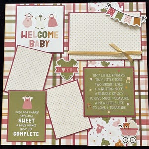 Página de álbum de recortes prefabricada para niña, página de álbum de recuerdos, diseño de álbum de fotos, página de álbum para bebé recién nacido, diseño It's a Girl, bienvenida bebé