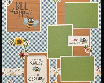 Premade Scrapbook Album Page, Springtime Layout Page, Bees, Bee Happy, Sweet as Honey